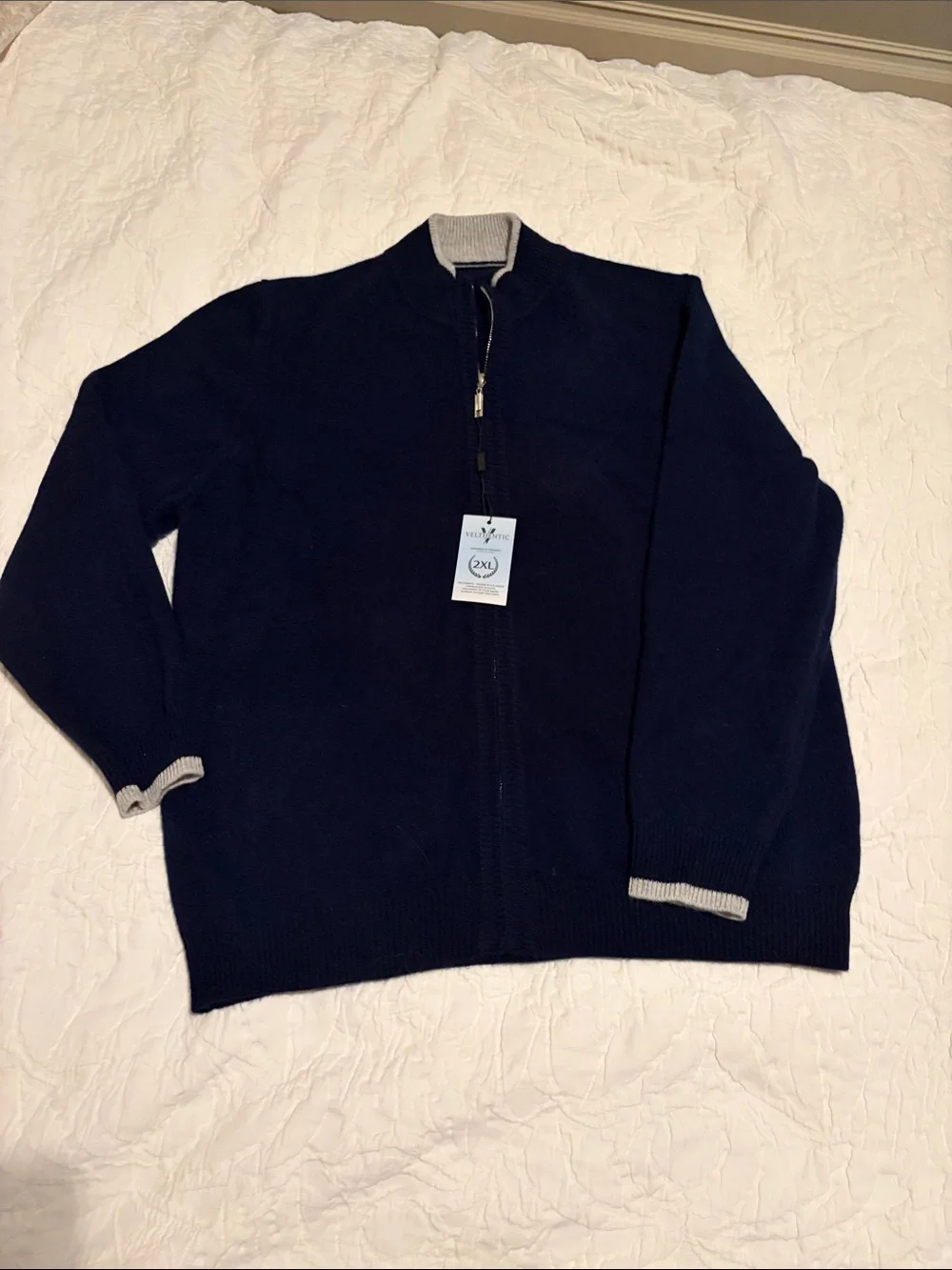 Full-Zip Navy Men's Sweater with Light Gray Contrast Trim